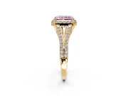 Halo Engagement Ring Setting for Fancy Pink Radiant Cut Center with Pave Split Shank and Prong Head in Yellow Gold