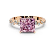 Cluster Engagement Ring Setting for Fancy Pink Princess Cut Center with Round Cut Accent Band and Prong Head in Rose Gold