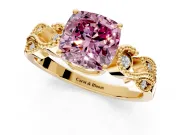 Leaf Engagement Ring Setting for Fancy Pink Cushion Cut Center with Milgrain Accent Band and Prong Head in Yellow Gold