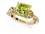 Leaf Motif Engagement Ring Setting for Fancy Yellow Princess Cut Center with Pave Band and Prong Head in Yellow Gold