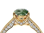 Solitaire Engagement Ring Setting for Fancy Green Cushion Cut Center with Milgrain-Framed Pave Band and Prong Head in Yellow Gold