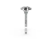Halo Engagement Ring Setting for Cushion Cut Center with Milgrain Frame, Pave Band and Prong Head in Platinum