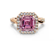 Halo Engagement Ring Setting for Fancy Pink Asscher Cut Center with Twist Band and Prong Head in Rose Gold