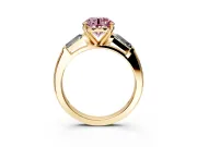 3 Stone Engagement Ring Setting for Fancy Pink Round Cut Center with Tapered Baguettes, Plain Band and Prong Head in Yellow Gold