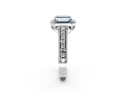 Milgrain Halo Engagement Ring Setting for Fancy Blue Asscher Cut Center with Pave Band and Prong Head in Platinum
