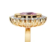 Halo Engagement Ring Setting for Fancy Pink Oval Center with Milgrain Bezel Rim, Plain Band and Prong Head in Yellow Gold