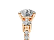 3 Stone Engagement Ring Setting for Round Cut Center with Round Cut Side Accents and Prong Head in Rose Gold