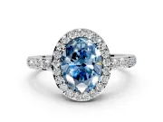 Halo Engagement Ring Setting for Fancy Blue Oval Center with Heart-Shaped Openwork, Pave Band and Prong Head in Platinum