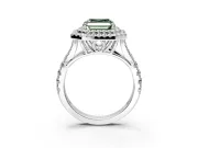 Double Halo Engagement Ring Setting for Fancy Green Asscher Cut Center with Narrow Pave Split Shank and Prong Head in White Gold