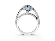 Halo Engagement Ring Setting for Fancy Blue Round Cut Center with Framed Halo, Pave Band and Prong Head in Platinum