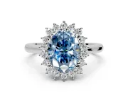 Starburst Halo Engagement Ring Setting for Fancy Blue Oval Center with Thin Round-Wire Band and Prong Head in Sterling Silver