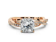 Solitaire Engagement Ring Setting for Cushion Cut Center with Twisted Pave Band and Prong Head in Rose Gold