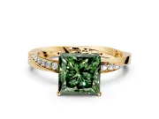 Side Accent Engagement Ring Setting for Fancy Green Princess Cut Center with Accent Shoulders and Prong Head in Yellow Gold