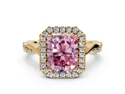 Halo Engagement Ring Setting for Fancy Pink Radiant Cut Center with Twist Band and Prong Head in Yellow Gold