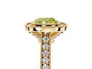 Halo Engagement Ring Setting for Fancy Yellow Cushion Cut Center with Milgrain Pave Band and Bezel Head in Yellow Gold