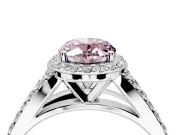 Halo Engagement Ring Setting for Fancy Pink Oval Center with Narrow Pave Split Shank and Prong Head in Platinum