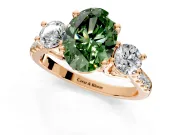 3 Stone Engagement Ring Setting for Fancy Green Oval Center with Crossover Basket, Pave Band and Prong Head in Rose Gold