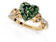 Leaf Motif Engagement Ring Setting for Fancy Green Heart-Shaped Center with Pave Band and Prong Head in Yellow Gold