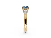3 Stone Engagement Ring Setting for Fancy Blue Cushion Cut Center with Baguette Accents and Prong Head in Yellow Gold