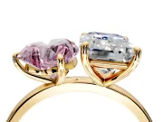 Fancy Pink Heart-Shaped and Emerald Cut Lab-Grown Diamond Toi et Moi Engagement Ring with Prong-Set Stones in Yellow Gold