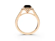 Halo Engagement Ring Setting for Fancy Black Cushion Cut Center with Narrowing Pave Band and Prong Head in Rose Gold
