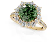 Halo Engagement Ring Setting for Fancy Green Round Cut Center with Single-Row Pave, Open Basket and Prong Head in Yellow Gold