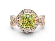 Halo Engagement Ring Setting for Fancy Yellow Princess Cut Center with Pave Infinity Twist Band and Prong Head in Rose Gold