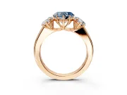 3 Stone Engagement Ring Setting for Fancy Blue Heart-Shaped Center with Raised Basket Heads and Prong Head in Rose Gold