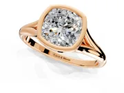 Solitaire Engagement Ring Setting for Cushion Cut Center with V Split Shank and Bezel Head in Rose Gold