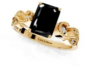 Leaf Engagement Ring Setting for Fancy Black Emerald Cut Center with Milgrain Accent Band and Prong Head in Yellow Gold