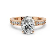 Solitaire Engagement Ring Setting for Oval Center with Milgrain-Edged Pave Band and Prong Head in Rose Gold