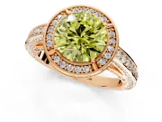 Halo Engagement Ring Setting for Fancy Yellow Round Cut Center with Framed Halo, Pave Band and Prong Head in Rose Gold