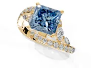 Solitaire Engagement Ring Setting for Fancy Blue Princess Cut Center with Pave Bypass Twist Band and Prong Head in Yellow Gold