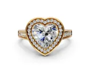 Halo Engagement Ring Setting for Heart-Shaped Center with Outer Bezel Rim, Pave Band and Prong Head in Yellow Gold