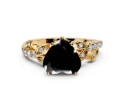 Leaf Motif Engagement Ring Setting for Fancy Black Heart-Shaped Center with Pave Band and Prong Head in Yellow Gold