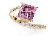 Solitaire Engagement Ring Setting for Fancy Pink Princess Cut Center with Pave Bypass Swirl Band and Prong Head in Yellow Gold