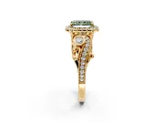 Milgrain Halo Engagement Ring Setting for Fancy Green Radiant Cut Center with Shoulder Bezels and Prong Head in Yellow Gold