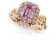 Halo Engagement Ring Setting for Fancy Pink Emerald Cut Center with Open Scroll Shoulders and Prong Head in Rose Gold