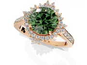 Sunburst Halo Engagement Ring Setting for Fancy Green Round Cut Center with Pave Band and Prong Head in Rose Gold