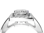 Bezel-Framed Halo Engagement Ring Setting for Princess Cut Center with Pave Band and Prong Head in Platinum