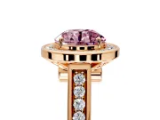 Halo Engagement Ring Setting for Fancy Pink Round Cut Center with Outer Bezel Rim, Pave Band and Prong Head in Rose Gold