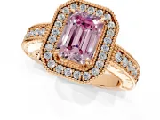 Milgrain Halo Engagement Ring Setting for Fancy Pink Emerald Cut Center with Pave Band and Prong Head in Rose Gold