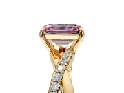 Crossover Engagement Ring Setting for Fancy Pink Emerald Cut Center with Pave and Plain Strands and Prong Head in Yellow Gold