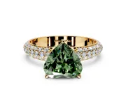 Solitaire Engagement Ring Setting for Fancy Green Heart-Shaped Center with Domed Multi-Row Pave Band and Prong Head in Yellow Gold