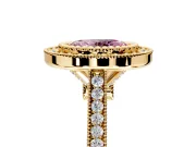 Halo Engagement Ring Setting for Fancy Pink Oval Center with Milgrain Frame, Pave Band and Prong Head in Yellow Gold