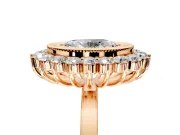 Halo Engagement Ring Setting for Oval Center with Milgrain Bezel Rim, Plain Band and Prong Head in Rose Gold