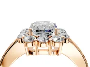 Halo Engagement Ring Setting for Radiant Cut Center with Milgrain Channel Band and Prong Head in Rose Gold