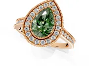 Halo Engagement Ring Setting for Fancy Green Pear-Shaped Center with Milgrain Pave Band and Bezel Head in Rose Gold