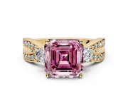 3 Stone Engagement Ring Setting for Fancy Pink Asscher Cut Center with Pave Twist Band and Prong Head in Yellow Gold