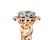 Halo Engagement Ring Setting for Oval Center with Open Scroll Shoulders and Prong Head in Rose Gold